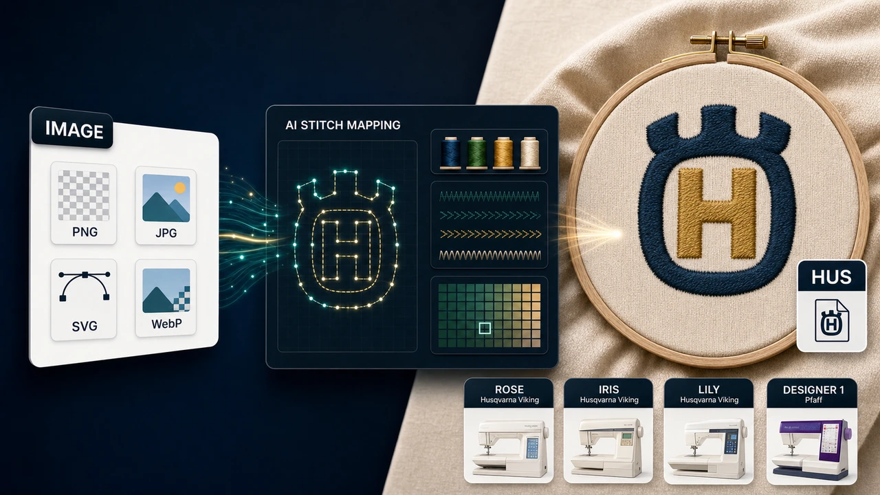 Convert Image to HUS Embroidery File Online image to hus workflow preview in StitchPilot.ai