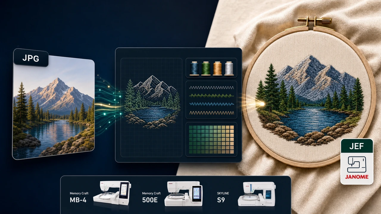 jpg to jef workflow preview in StitchPilot.ai
