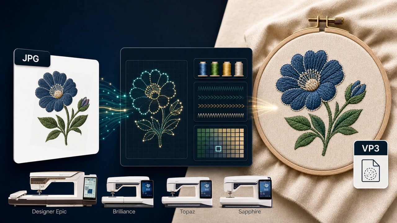 Convert JPG to VP3 Embroidery File Online jpg to vp3 workflow preview in StitchPilot.ai