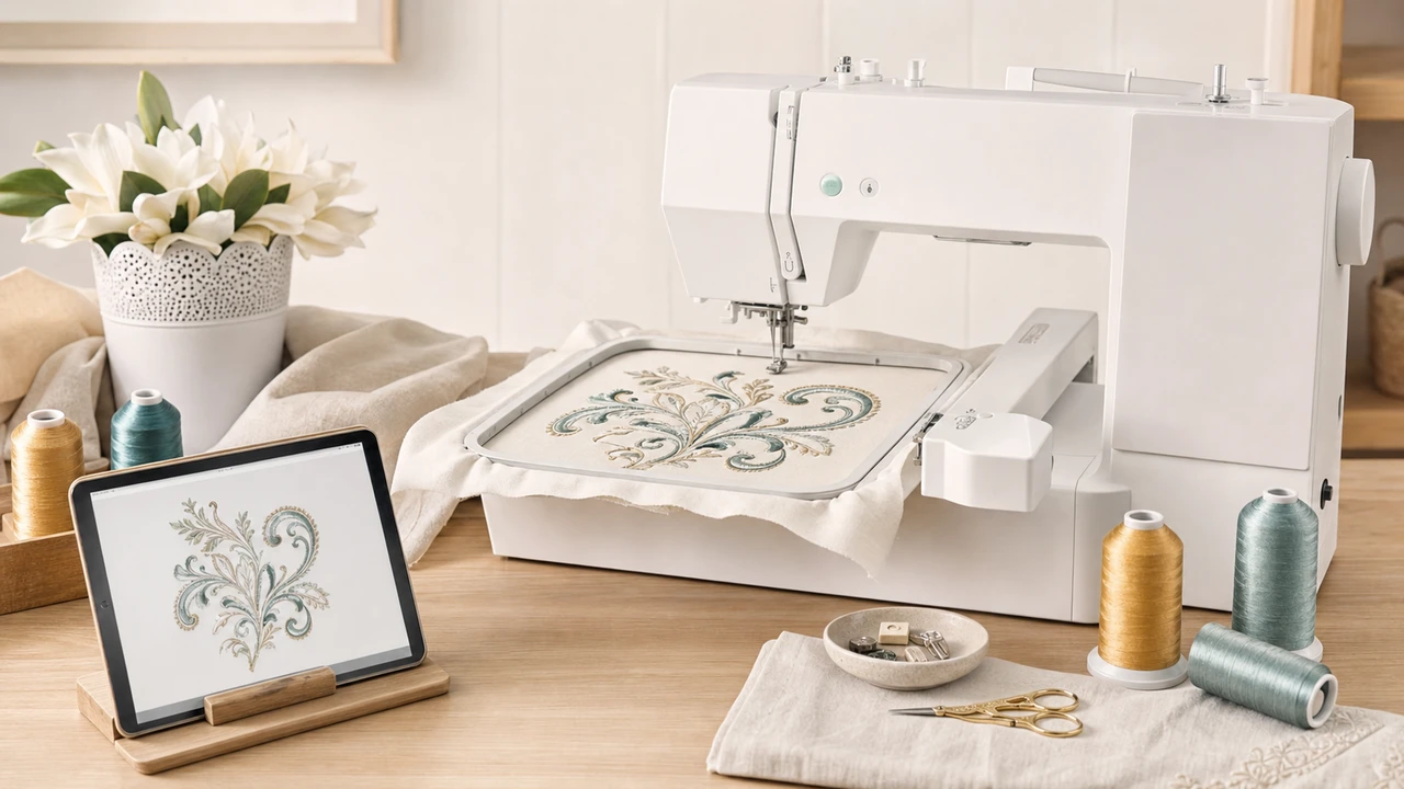 Janome Memory Craft 550E Embroidery Machine Guide Janome Memory Craft 550E embroidery workflow in StitchPilot.ai